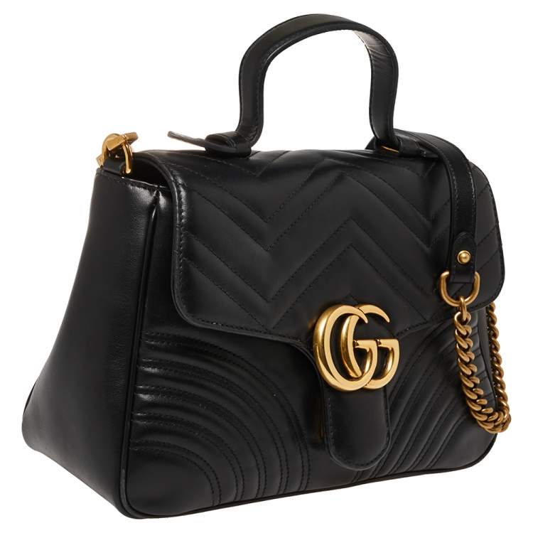 Pre Owned Gucci Black Matelasse Leather Small GG Marmont Top Handle Bag