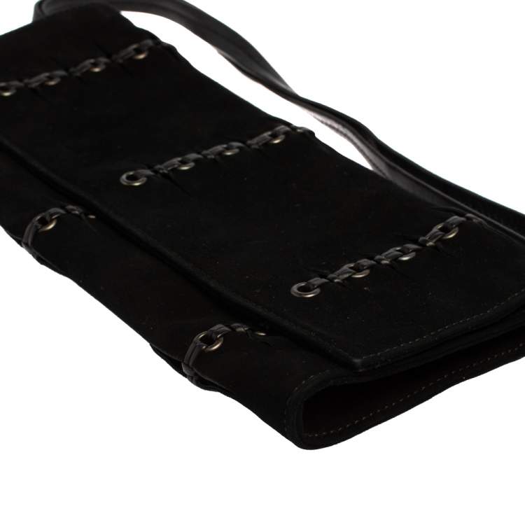 Pre Owned Gucci Black Suede Eyelet Wristlet Clutch
