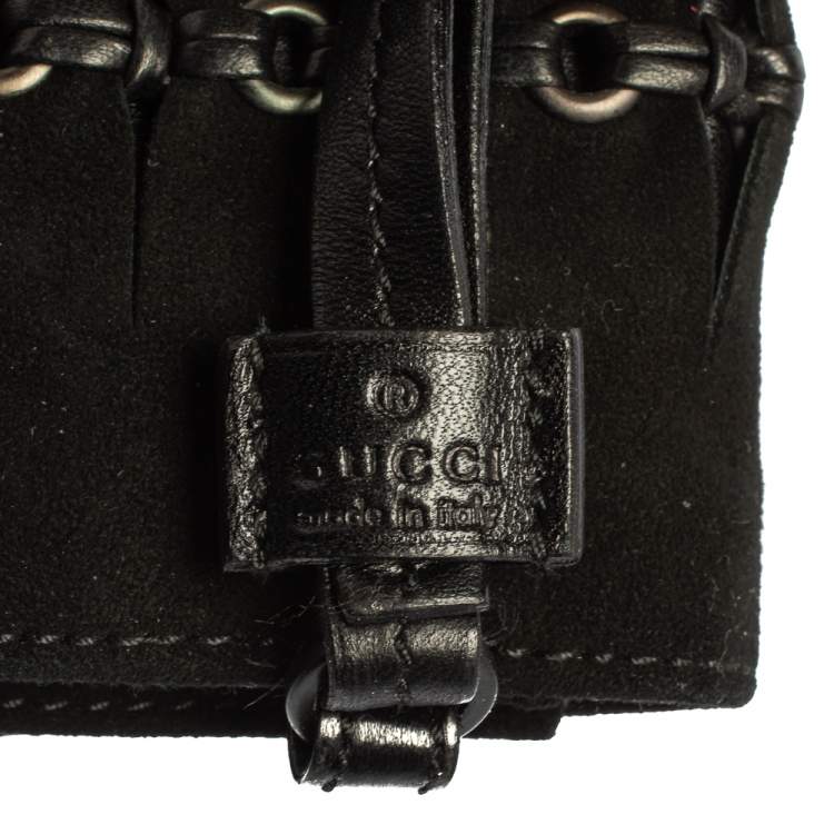 Pre Owned Gucci Black Suede Eyelet Wristlet Clutch