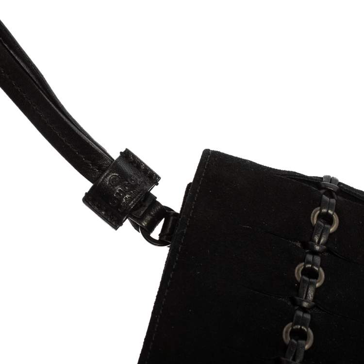 Pre Owned Gucci Black Suede Eyelet Wristlet Clutch