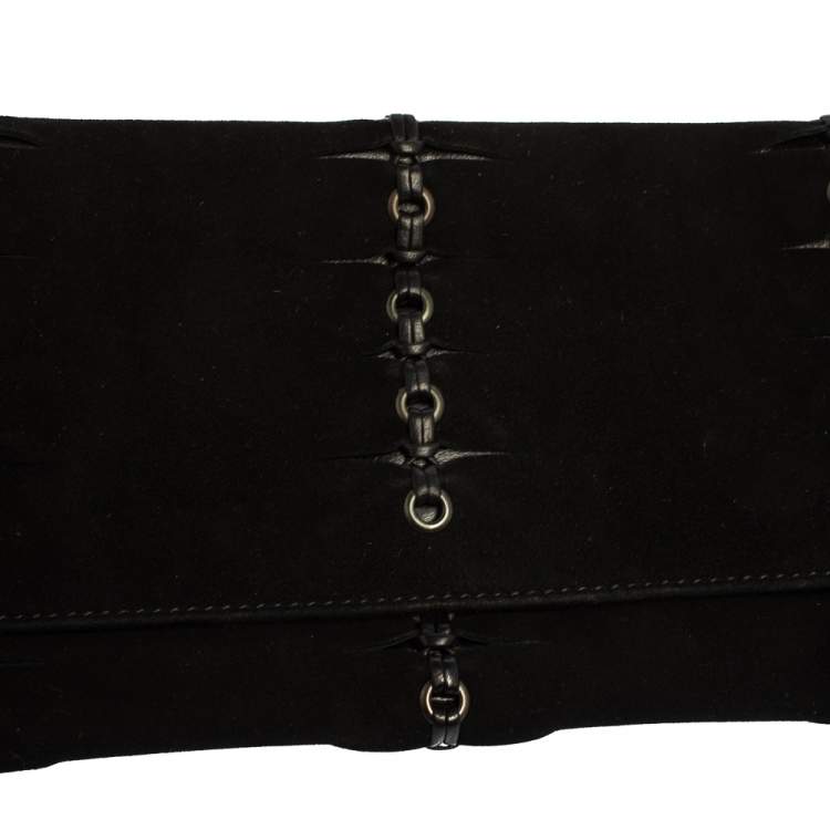Pre Owned Gucci Black Suede Eyelet Wristlet Clutch