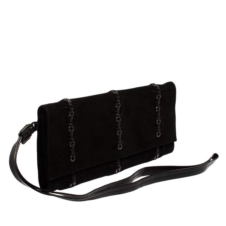 Pre Owned Gucci Black Suede Eyelet Wristlet Clutch
