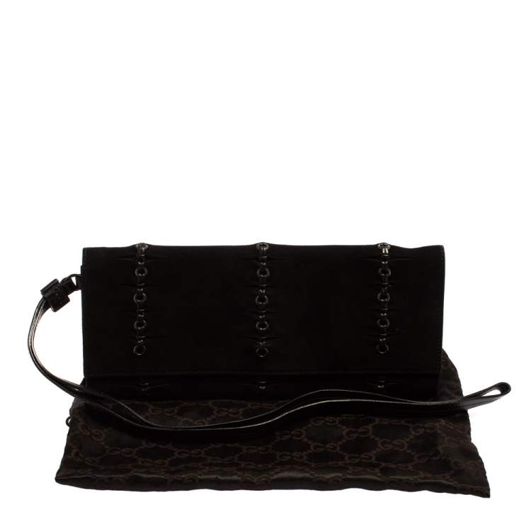 Pre Owned Gucci Black Suede Eyelet Wristlet Clutch