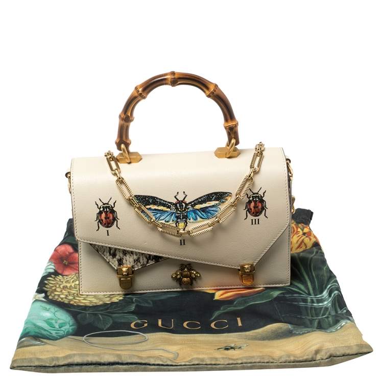 Pre Owned Gucci Cream Python and Leather Ottilia Bee Printed Bamboo Top Handle Bag