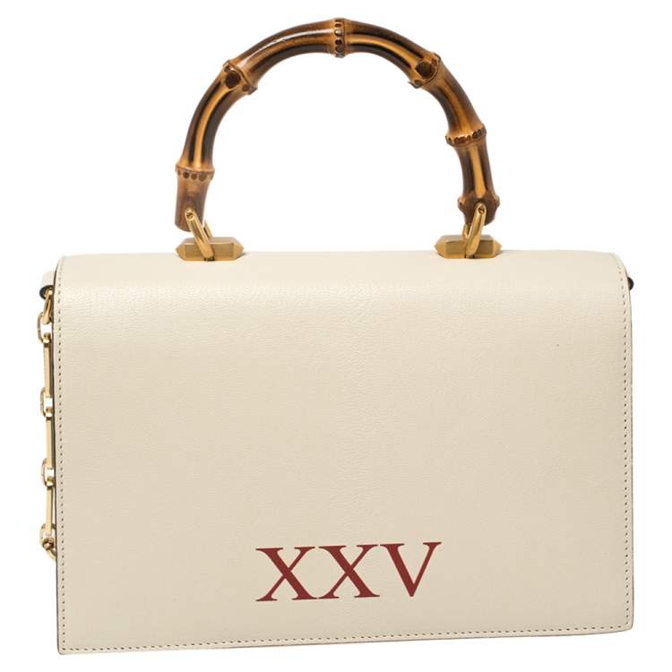 Pre Owned Gucci Cream Python and Leather Ottilia Bee Printed Bamboo Top Handle Bag