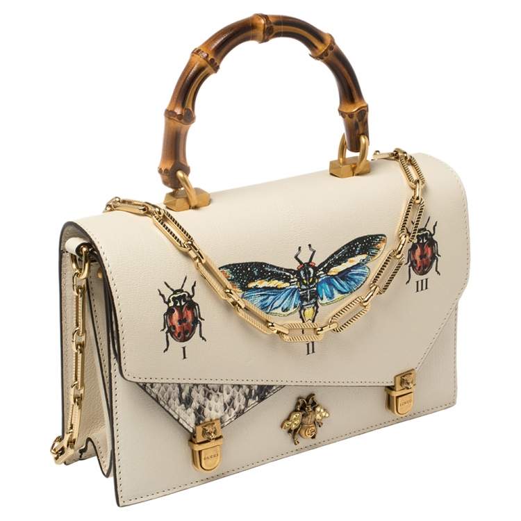 Pre Owned Gucci Cream Python and Leather Ottilia Bee Printed Bamboo Top Handle Bag