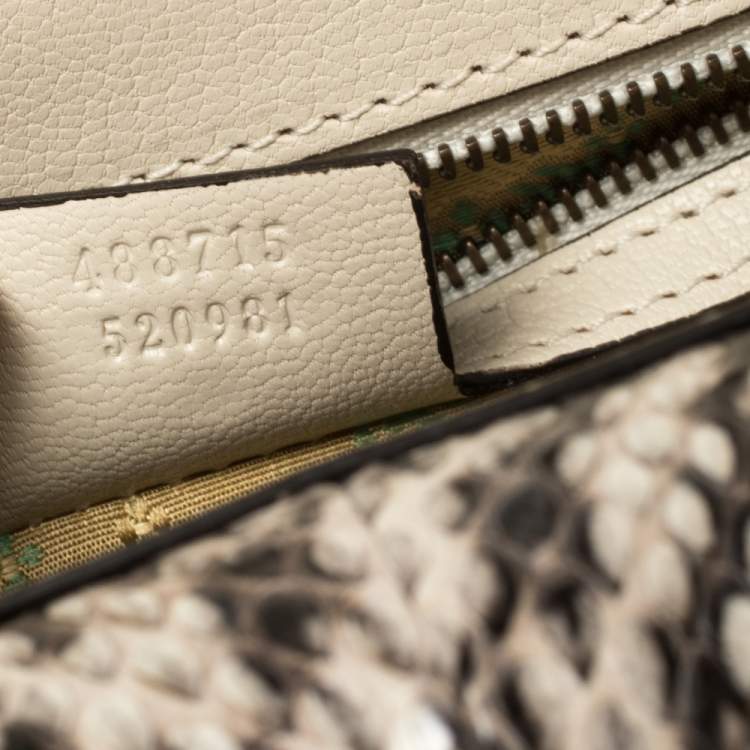 Pre Owned Gucci Cream Python and Leather Ottilia Bee Printed Bamboo Top Handle Bag