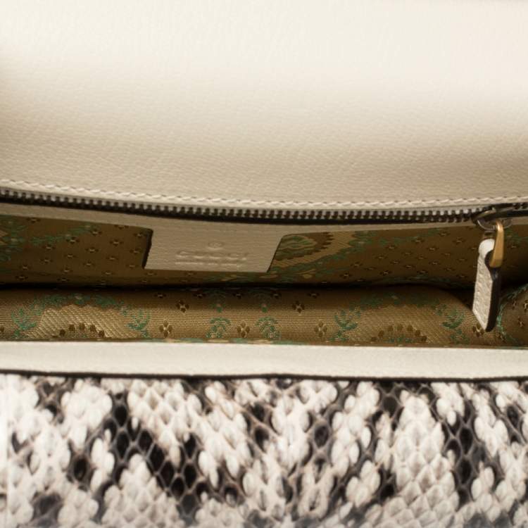 Pre Owned Gucci Cream Python and Leather Ottilia Bee Printed Bamboo Top Handle Bag