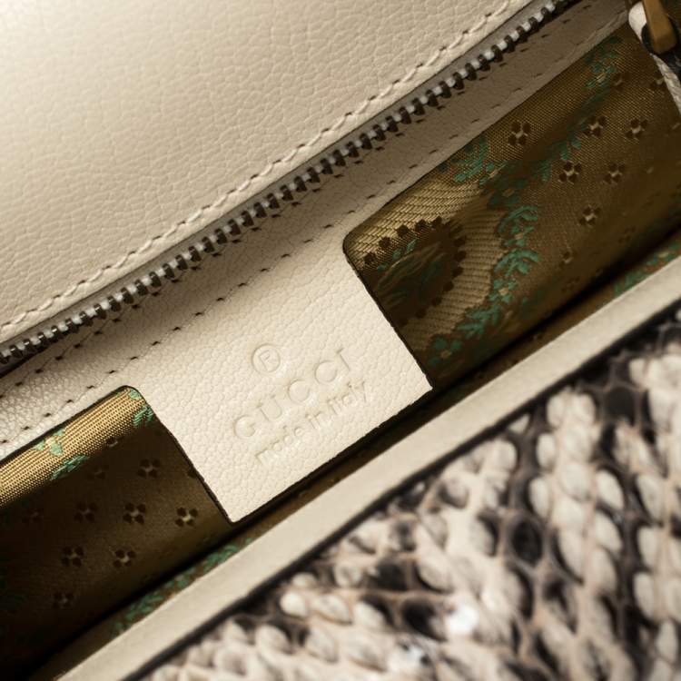 Pre Owned Gucci Cream Python and Leather Ottilia Bee Printed Bamboo Top Handle Bag
