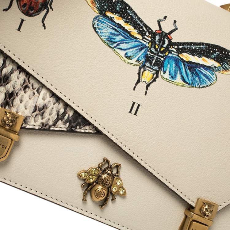 Pre Owned Gucci Cream Python and Leather Ottilia Bee Printed Bamboo Top Handle Bag