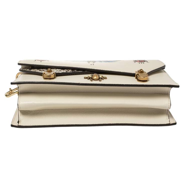 Pre Owned Gucci Cream Python and Leather Ottilia Bee Printed Bamboo Top Handle Bag