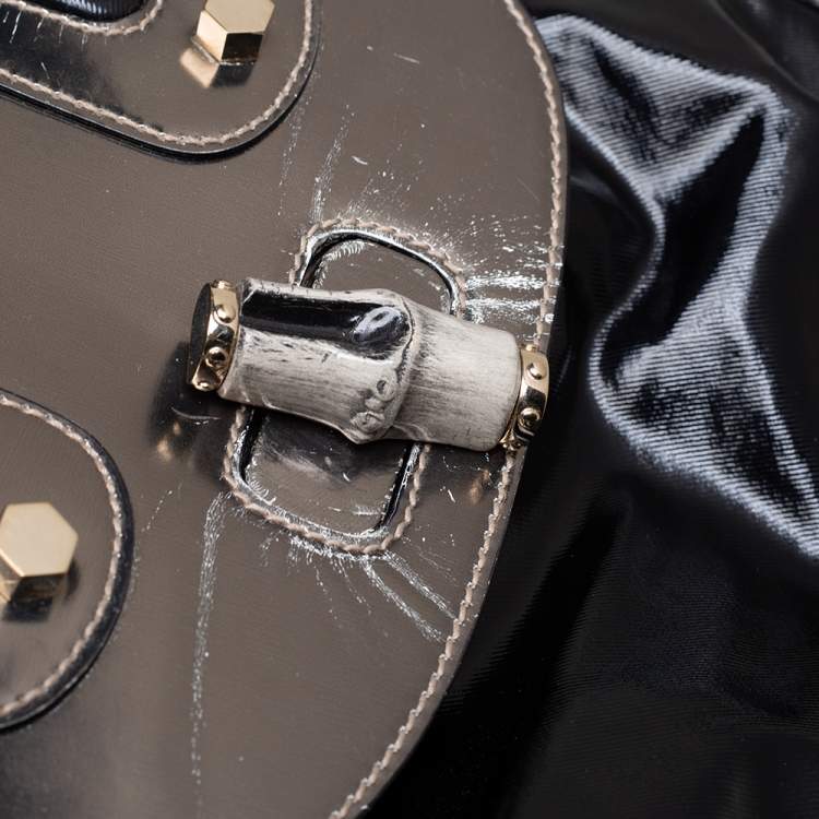 Pre Owned Gucci Black Coated Nylon and Patent Leather Dialux Pop Bamboo Top Handle Bag