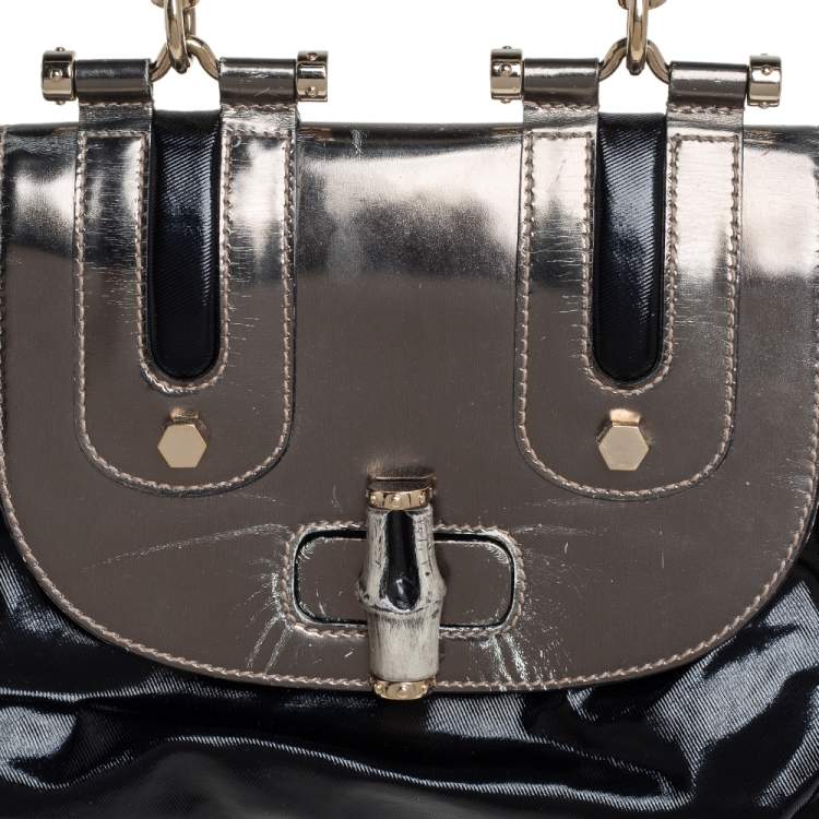 Pre Owned Gucci Black Coated Nylon and Patent Leather Dialux Pop Bamboo Top Handle Bag