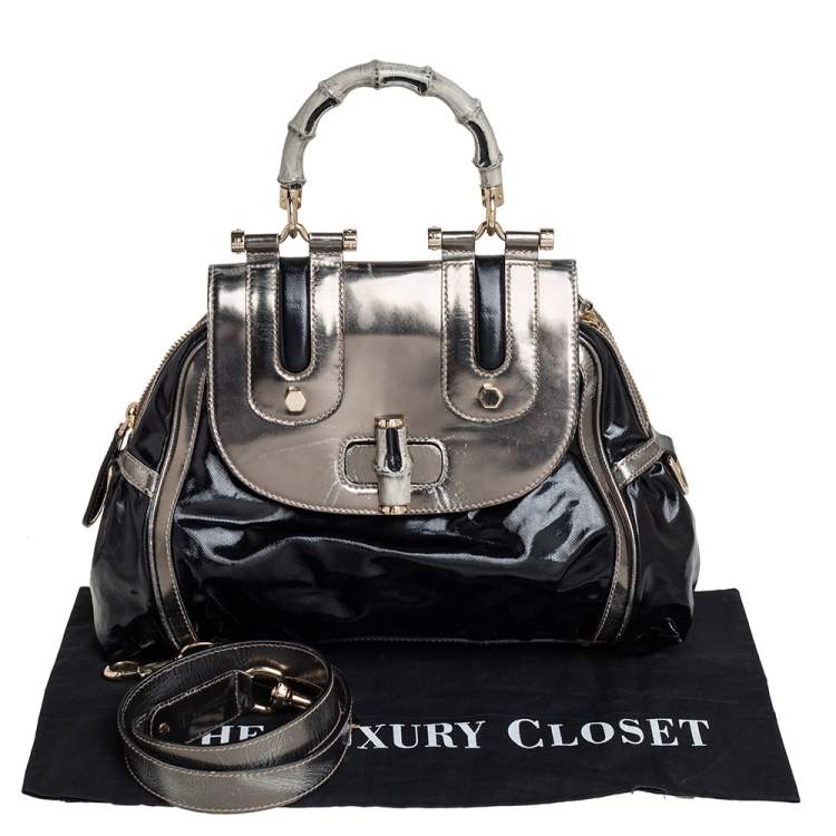 Pre Owned Gucci Black Coated Nylon and Patent Leather Dialux Pop Bamboo Top Handle Bag
