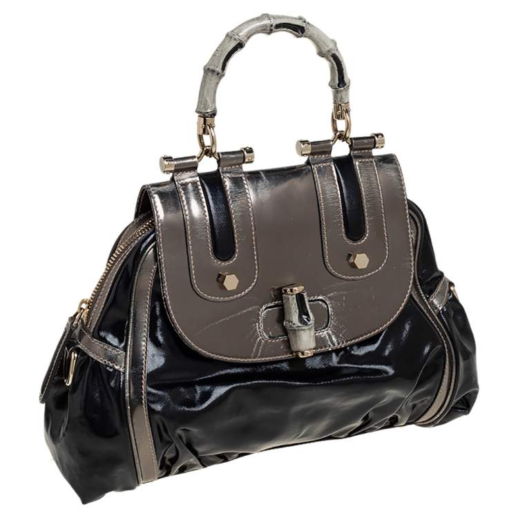 Pre Owned Gucci Black Coated Nylon and Patent Leather Dialux Pop Bamboo Top Handle Bag