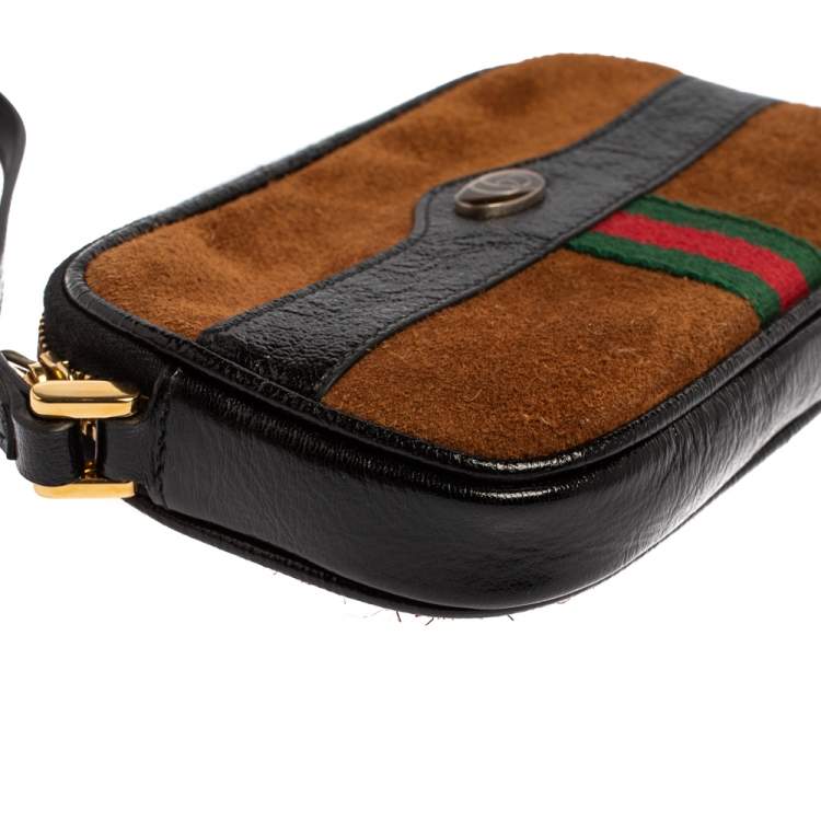 Pre Owned Gucci Brown/Black Suede and Patent Leather Ophidia Wristlet Pouch