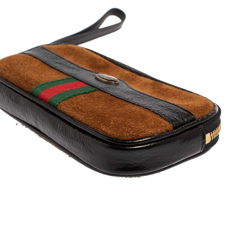 Pre Owned Gucci Brown/Black Suede and Patent Leather Ophidia Wristlet Pouch