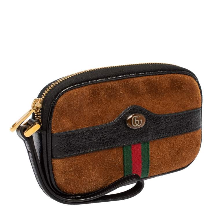 Pre Owned Gucci Brown/Black Suede and Patent Leather Ophidia Wristlet Pouch