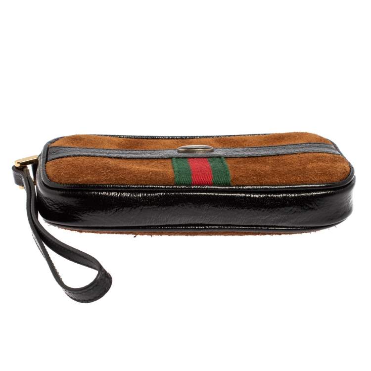Pre Owned Gucci Brown/Black Suede and Patent Leather Ophidia Wristlet Pouch