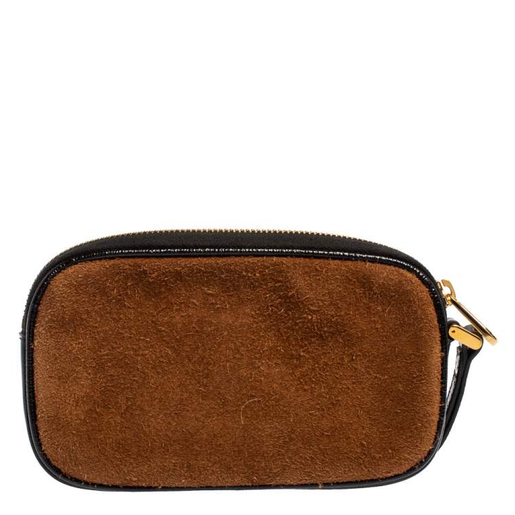Pre Owned Gucci Brown/Black Suede and Patent Leather Ophidia Wristlet Pouch