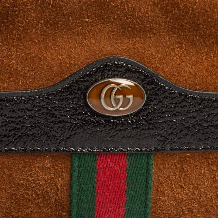 Pre Owned Gucci Brown/Black Suede and Patent Leather Ophidia Wristlet Pouch