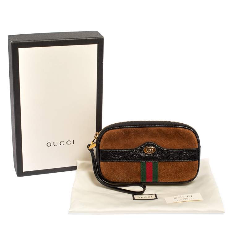 Pre Owned Gucci Brown/Black Suede and Patent Leather Ophidia Wristlet Pouch