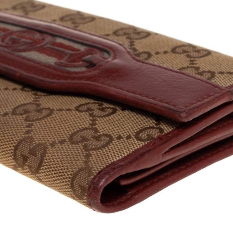 Pre Owned Gucci Beige/Copper GG Canvas and Leather Flap Continental Wallet