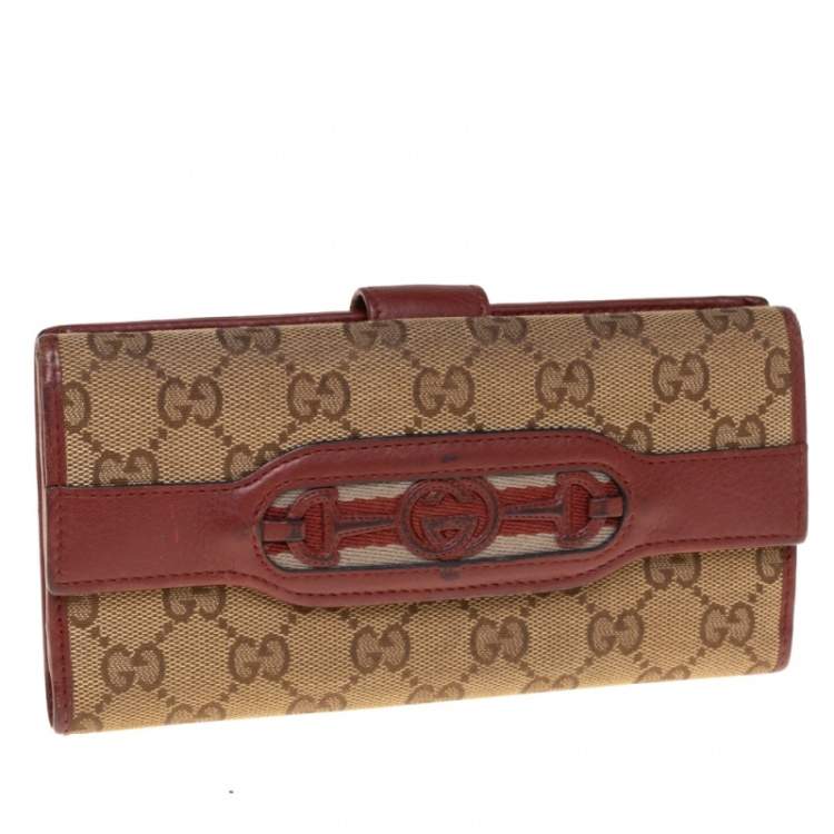 Pre Owned Gucci Beige/Copper GG Canvas and Leather Flap Continental Wallet