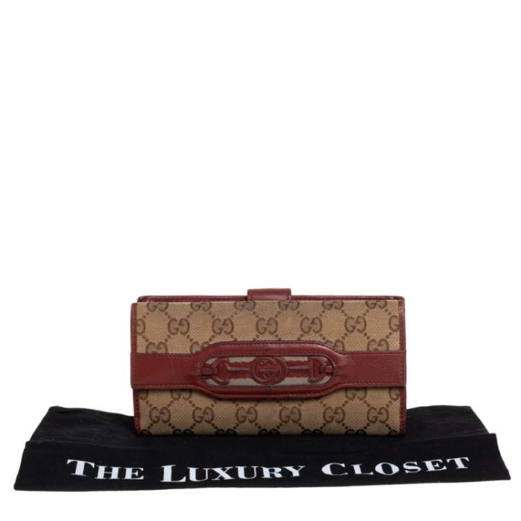 Pre Owned Gucci Beige/Copper GG Canvas and Leather Flap Continental Wallet