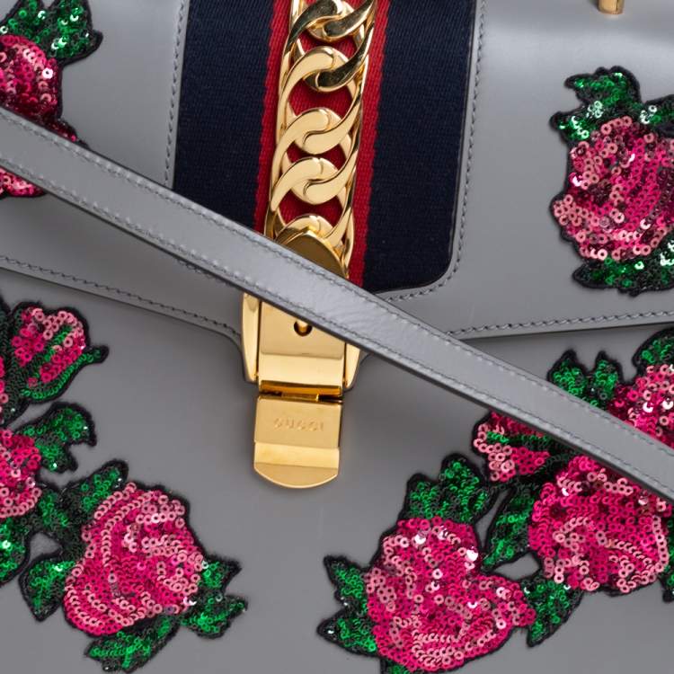 Pre Owned Gucci Grey Floral Sequins Patch Leather Medium Sylvie Top Handle Bag