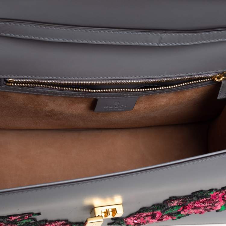 Pre Owned Gucci Grey Floral Sequins Patch Leather Medium Sylvie Top Handle Bag