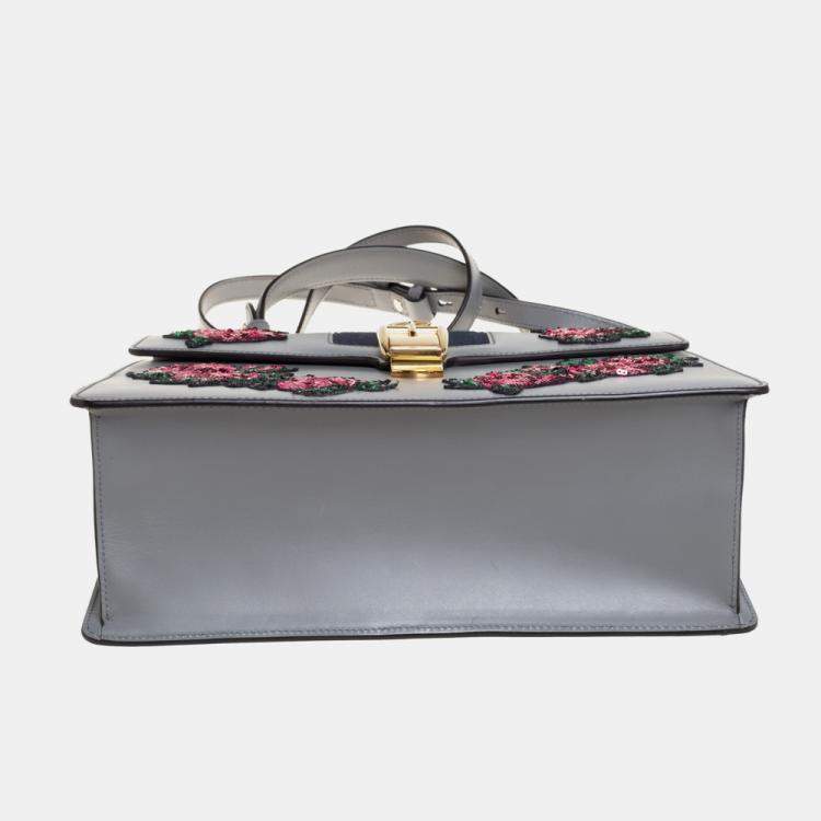 Pre Owned Gucci Grey Floral Sequins Patch Leather Medium Sylvie Top Handle Bag