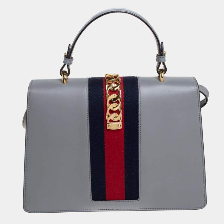 Pre Owned Gucci Grey Floral Sequins Patch Leather Medium Sylvie Top Handle Bag