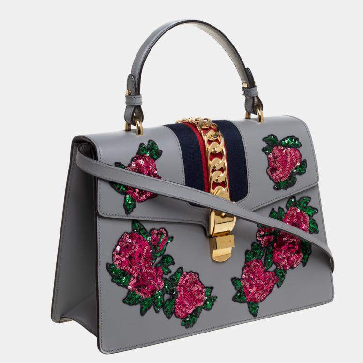 Pre Owned Gucci Grey Floral Sequins Patch Leather Medium Sylvie Top Handle Bag