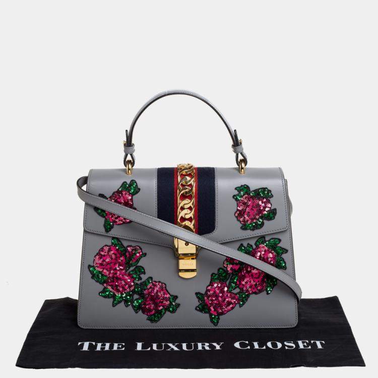Pre Owned Gucci Grey Floral Sequins Patch Leather Medium Sylvie Top Handle Bag