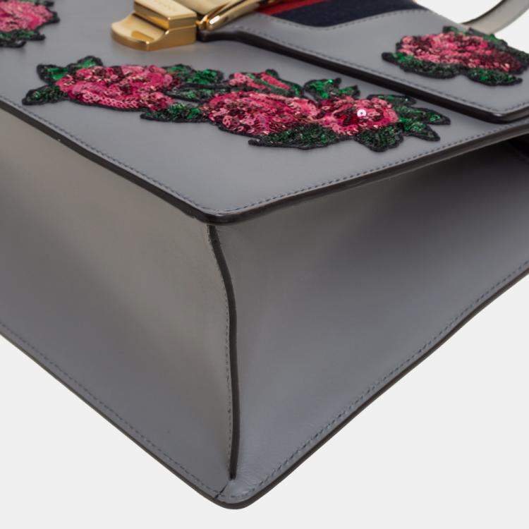 Pre Owned Gucci Grey Floral Sequins Patch Leather Medium Sylvie Top Handle Bag