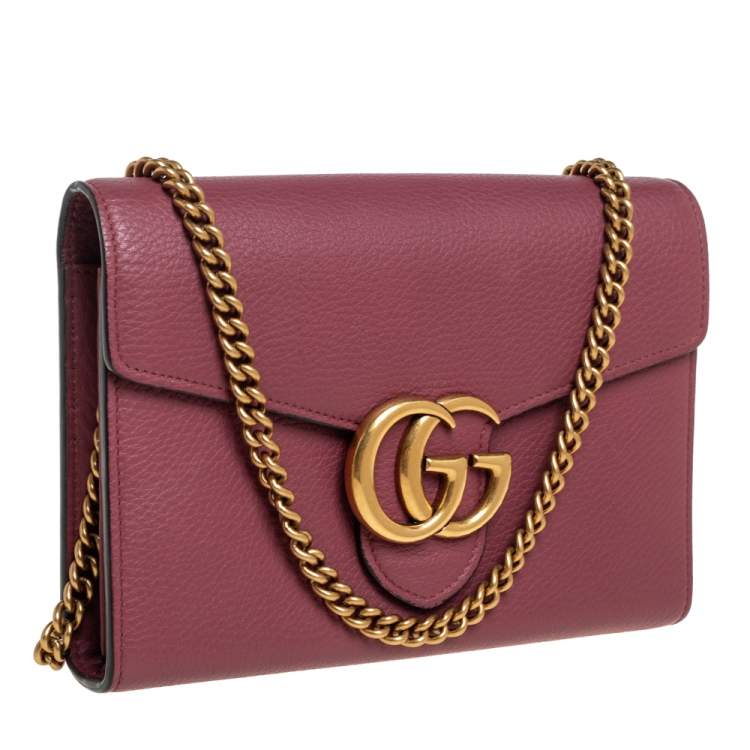 Pre Owned Gucci Old Rose Leather GG Marmont Wallet on Chain