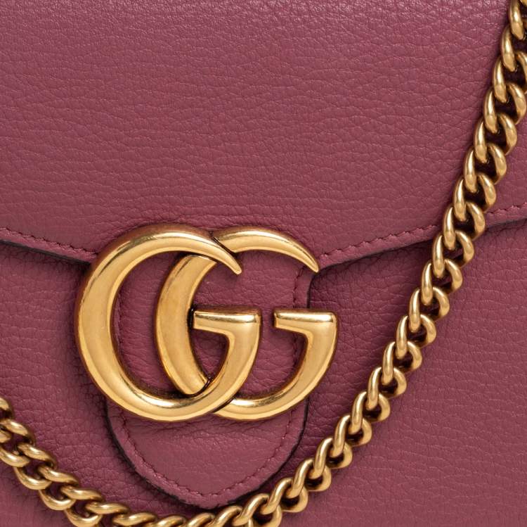 Pre Owned Gucci Old Rose Leather GG Marmont Wallet on Chain