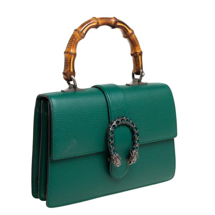Pre Owned Gucci Green Leather Medium Dionysus Bamboo Top Handle Bag