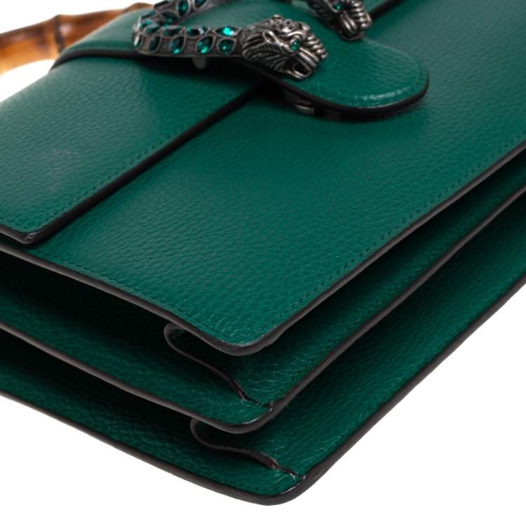 Pre Owned Gucci Green Leather Medium Dionysus Bamboo Top Handle Bag