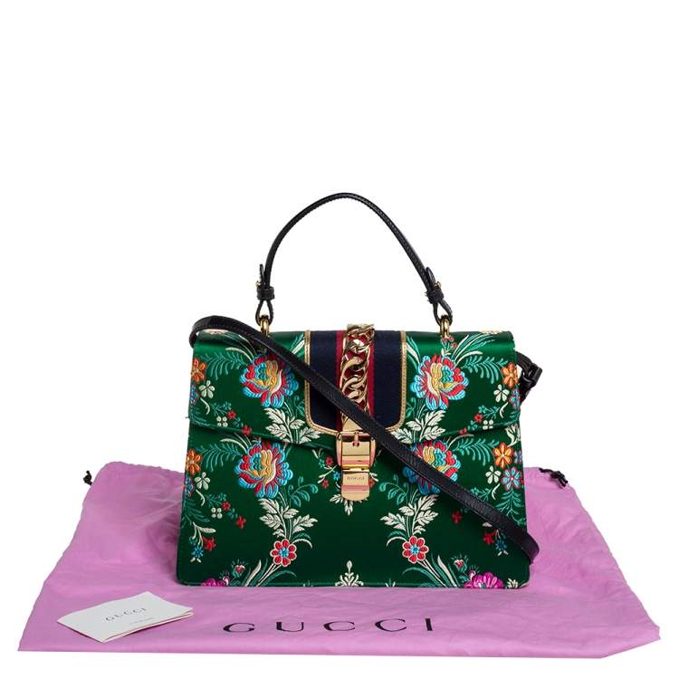 Pre Owned Gucci Green Satin Floral Brocade Sylvie Top Handle Bag