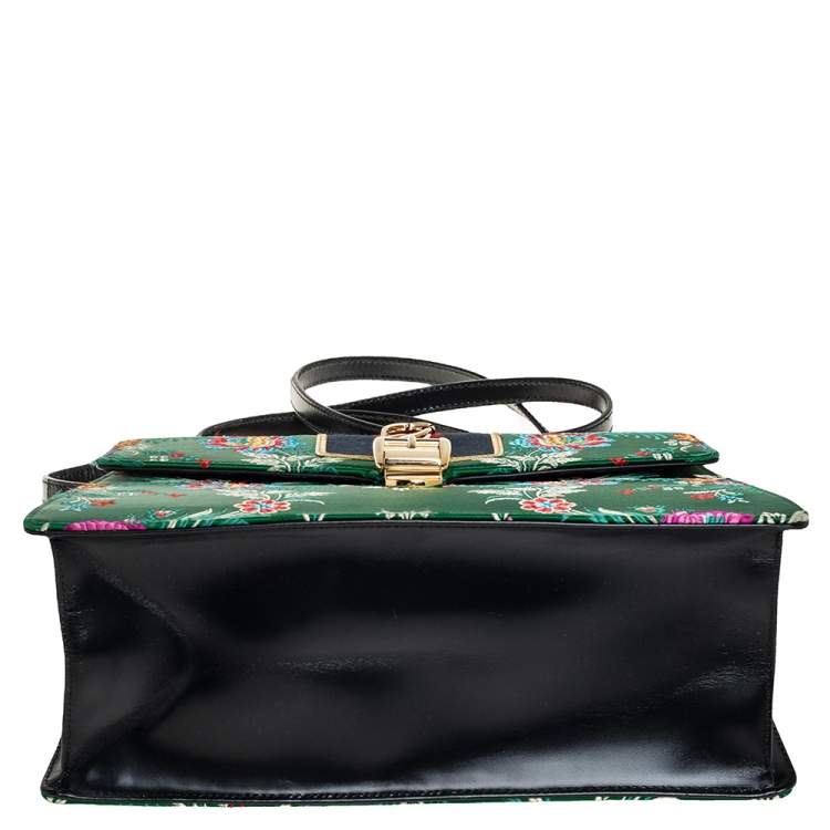 Pre Owned Gucci Green Satin Floral Brocade Sylvie Top Handle Bag