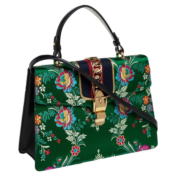 Pre Owned Gucci Green Satin Floral Brocade Sylvie Top Handle Bag