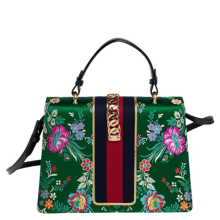 Pre Owned Gucci Green Satin Floral Brocade Sylvie Top Handle Bag
