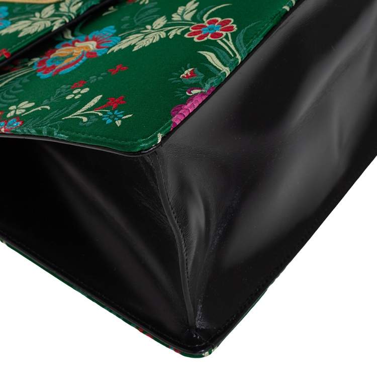 Pre Owned Gucci Green Satin Floral Brocade Sylvie Top Handle Bag