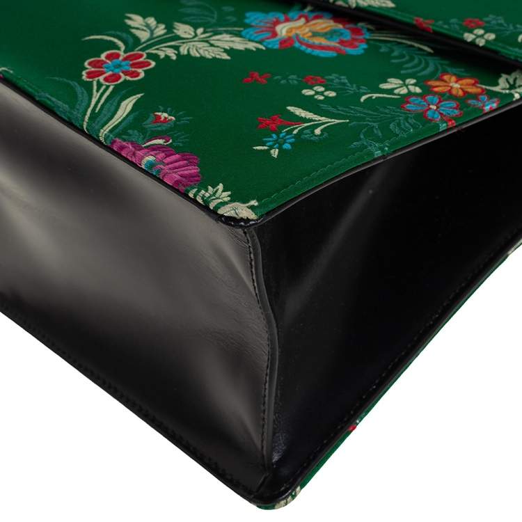 Pre Owned Gucci Green Satin Floral Brocade Sylvie Top Handle Bag