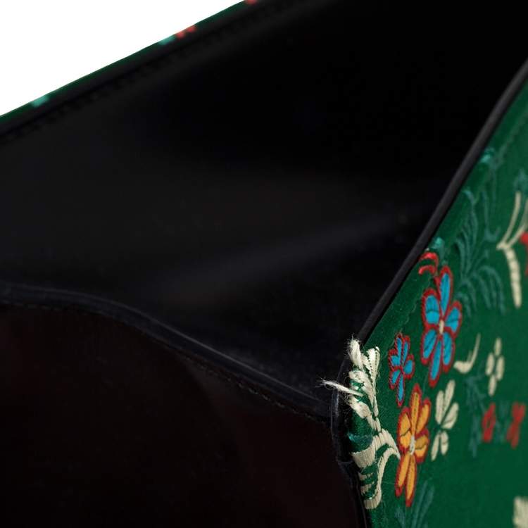 Pre Owned Gucci Green Satin Floral Brocade Sylvie Top Handle Bag
