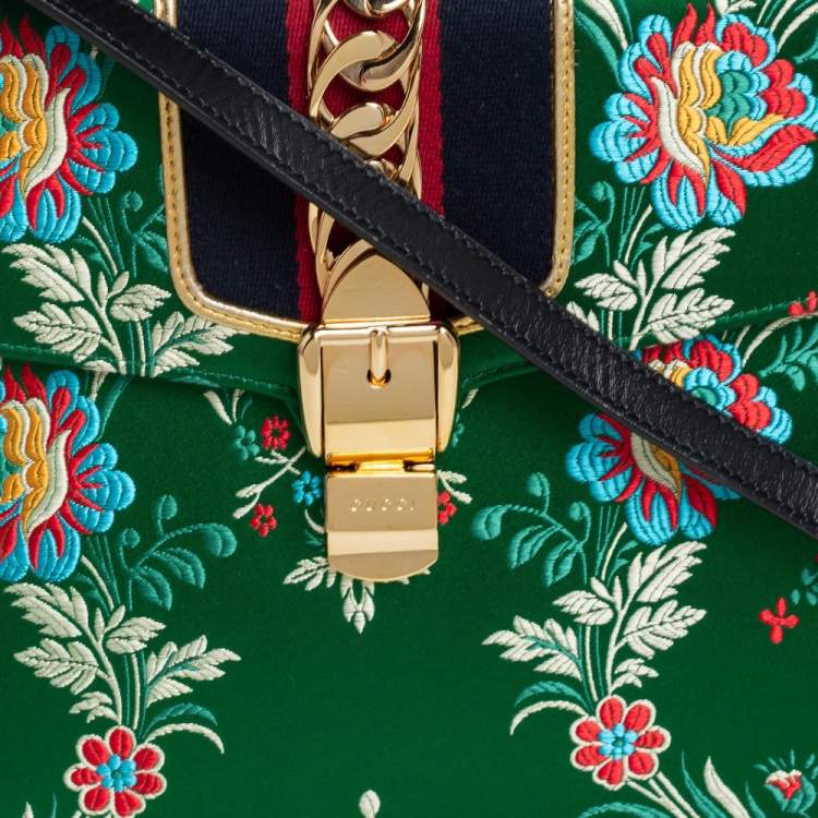 Pre Owned Gucci Green Satin Floral Brocade Sylvie Top Handle Bag