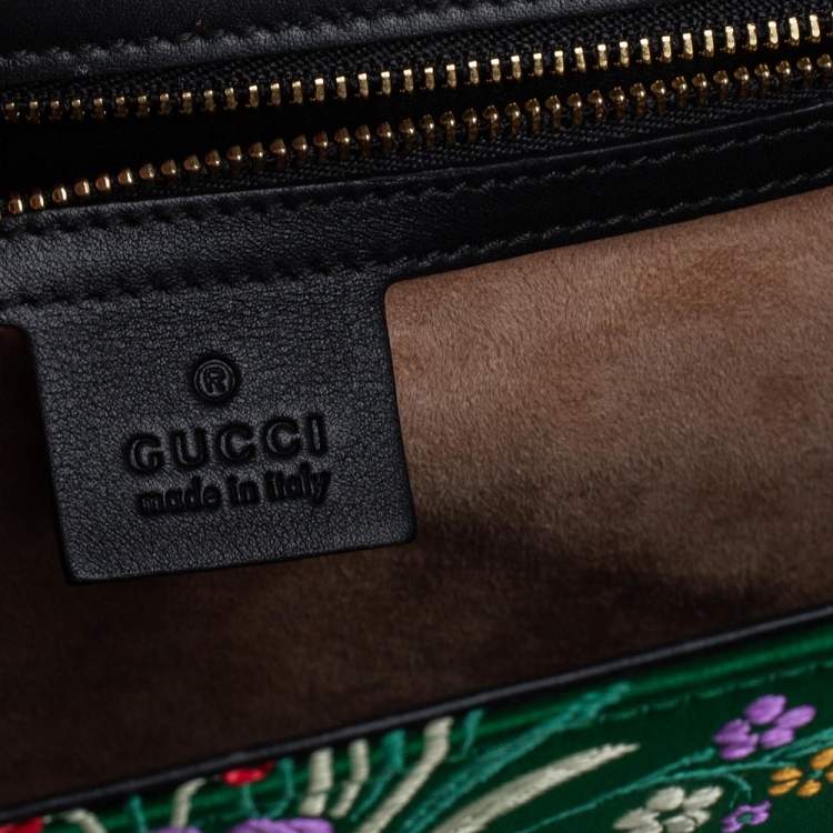 Pre Owned Gucci Green Satin Floral Brocade Sylvie Top Handle Bag