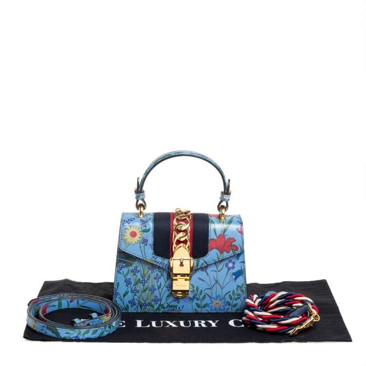Pre Owned Gucci Blue Floral Print Leather Mini Web Sylvie Top Handle Bag